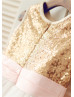 Gold Sequin Ivory Tulle Knee Length Flower Girl Dress With Flower Sash